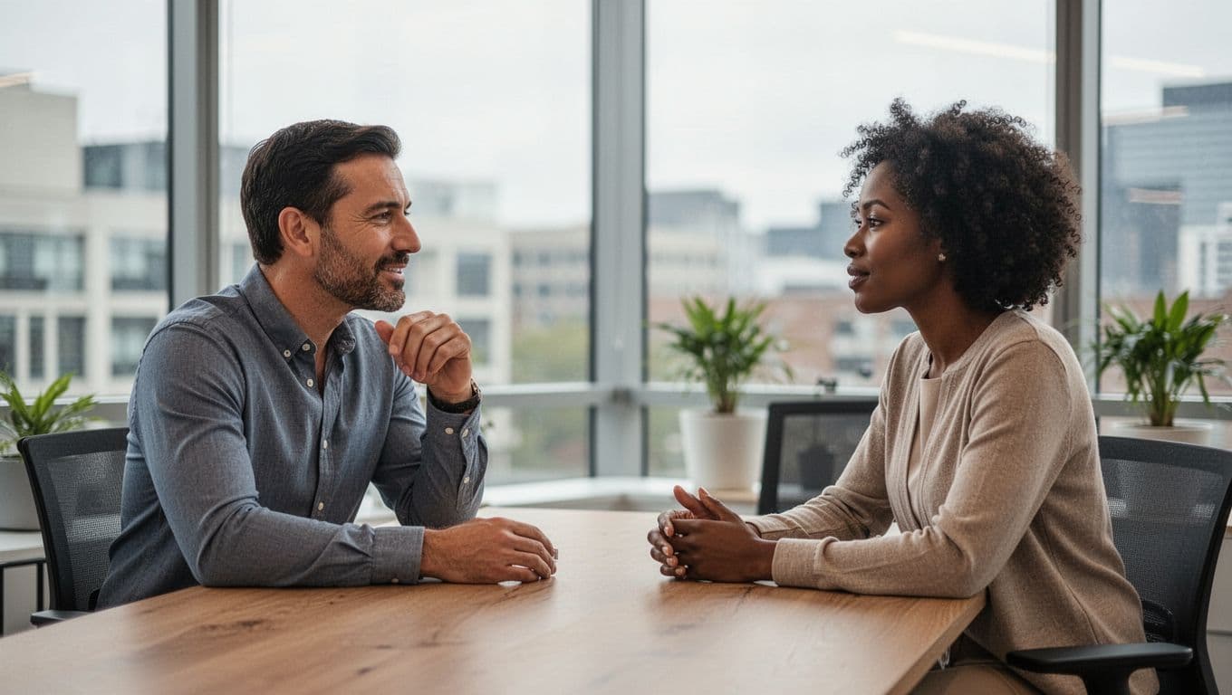A manager nods attentively while listening to an employee during a relaxed one-on-one conversation in a modern office illuminated by natural window light.