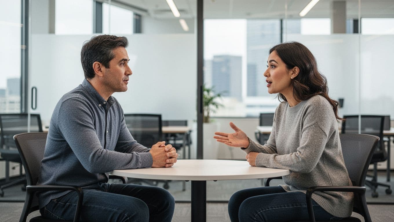 A manager listens attentively to an employee speaking openly during a casual conversation across a small table in a modern conference room with natural light.