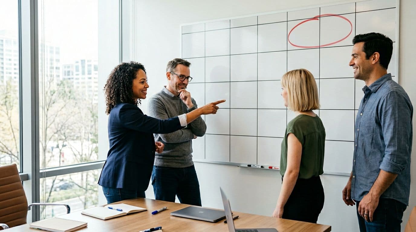Small team of four professionals in a bright conference room gathered around a large wall calendar marking dates backward from a red circled launch day, with relaxed focused expressions and one person pointing to a milestone.