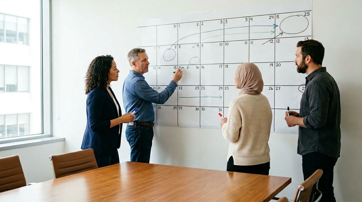 A small team of four professionals gathers around a large wall calendar in a bright conference room, collaboratively marking milestones for a product launch by planning backward from the date, with focused expressions under natural daylight.