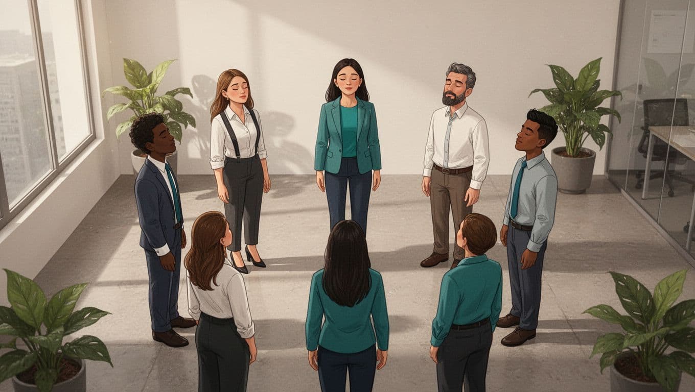 Three diverse professionals stand in a circle in a bright corporate office in CDMX, practicing guided breathing with eyes closed and relaxed postures.