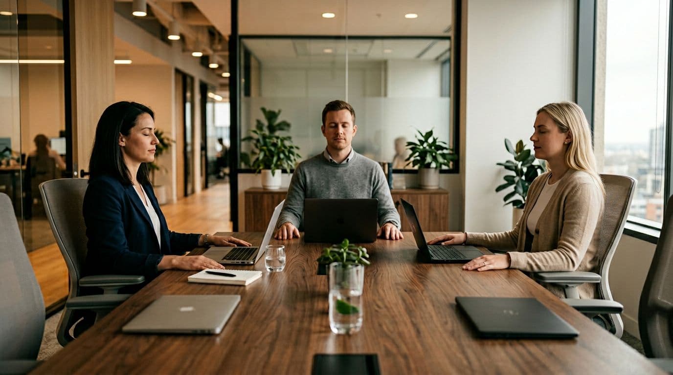 Three professionals seated around a conference table take a short breathing pause with eyes closed and laptops shut, in a neutral professional setting with warm ambient lighting.