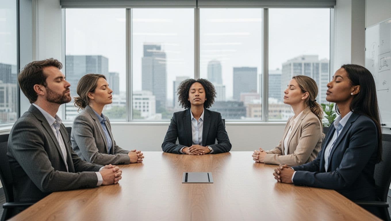 A small team of five professionals seated around a conference table in a bright office, eyes closed and breathing together in a calm group pause to begin their meeting.