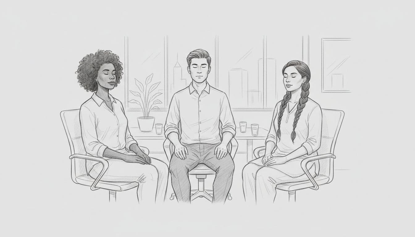 Three diverse professionals sit in a circle in a modern office break room, practicing guided breathing with relaxed expressions in a hand-drawn graphite sketch style on light gray background.