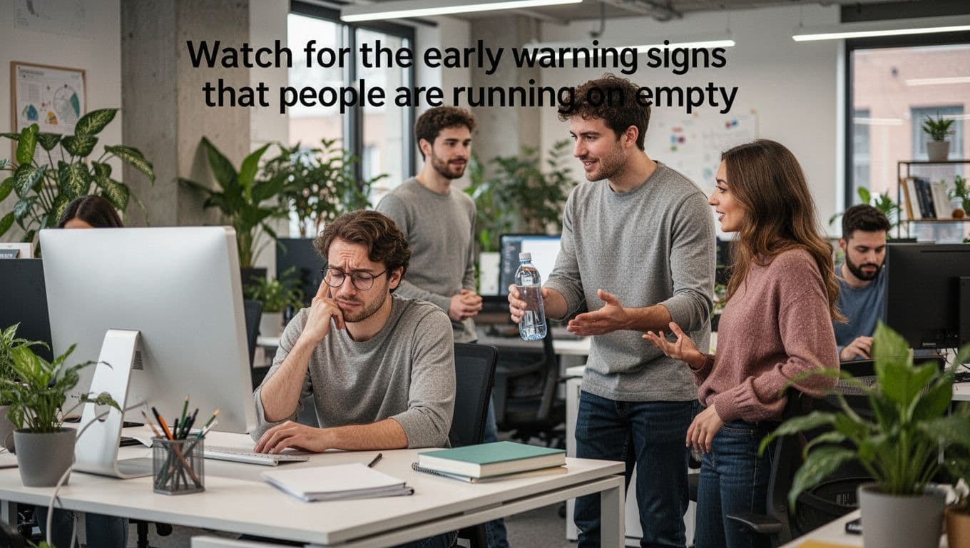 Team members in a relaxed modern office with plants check in on each other; one person looks tired at the computer while a colleague offers a water bottle and talks, with two others working nearby.