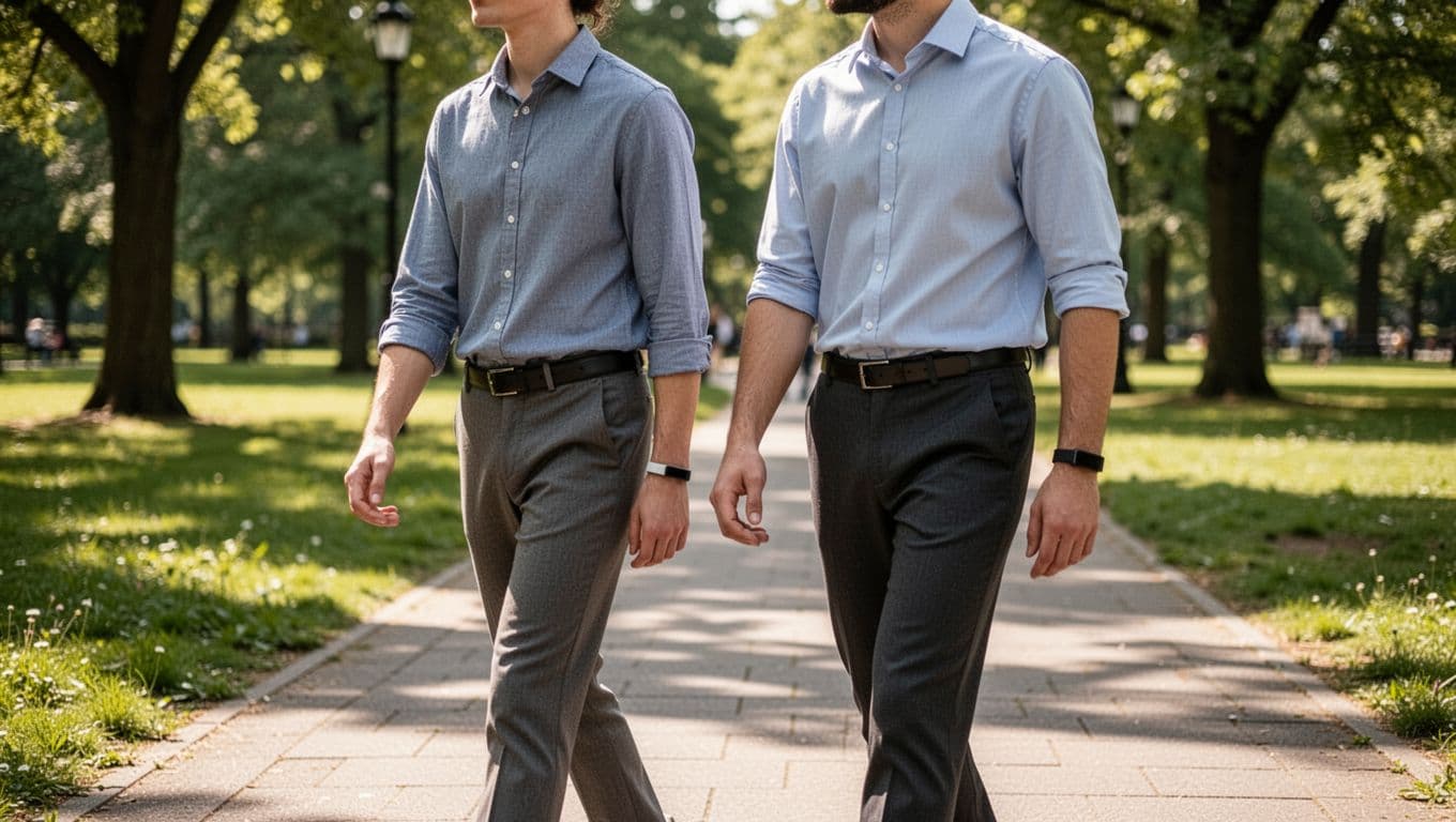 A group of four team members in casual business attire walk relaxed along a sunny park path, each wearing visible fitness trackers on their wrists, captured in photorealistic style from a side angle.
