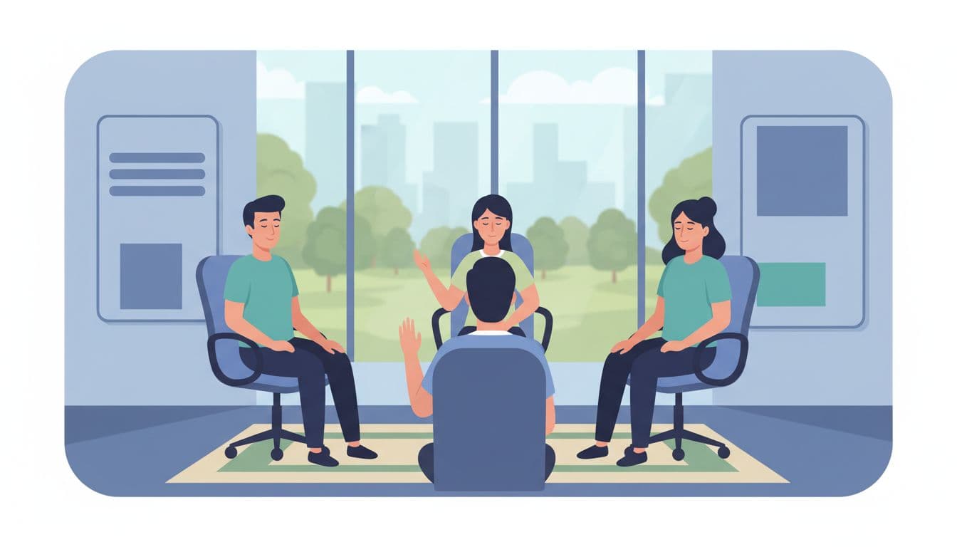 Three young professionals in a modern conference room seated relaxed with eyes closed and hands on knees, participating in a short guided breathing exercise led by a facilitator to reduce work stress.