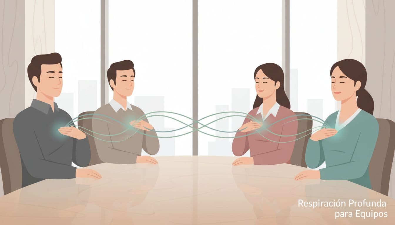 Modern illustration of four professionals—two men and two women—seated around a table in a meeting room, eyes closed with calm expressions, practicing guided breathing together in a relaxed group composition.