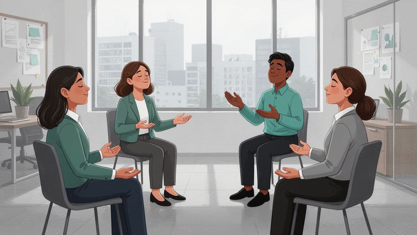 Modern illustration of exactly four professionals seated in a circle in a CDMX corporate office, practicing guided breathing with relaxed expressions, led by a calm facilitator, harmonious composition with simple shapes and teal accents.