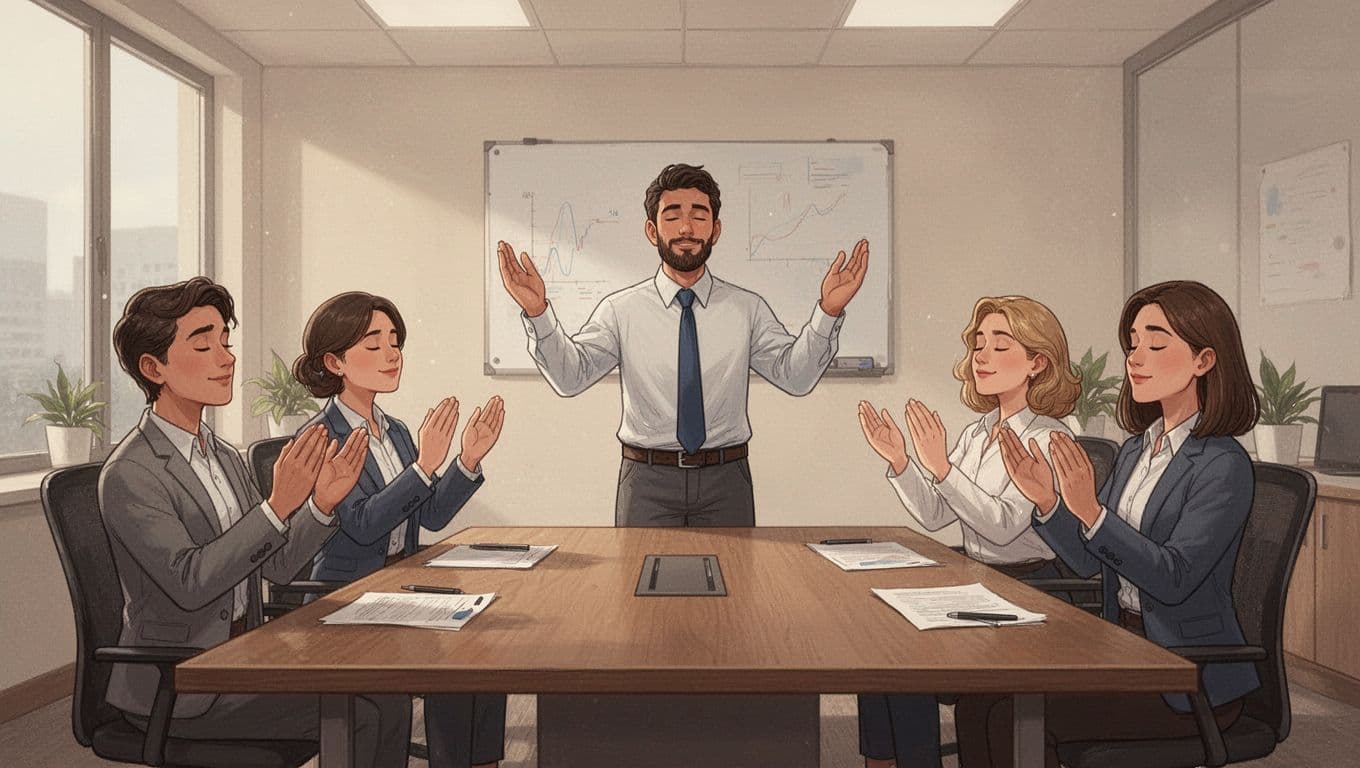 A small group of four work colleagues in a simple conference room during a short meeting, with a leader initiating a collective breathing pause by raising hands, all showing calm expressions in a dynamic yet serene realistic illustrative style with warm tones.