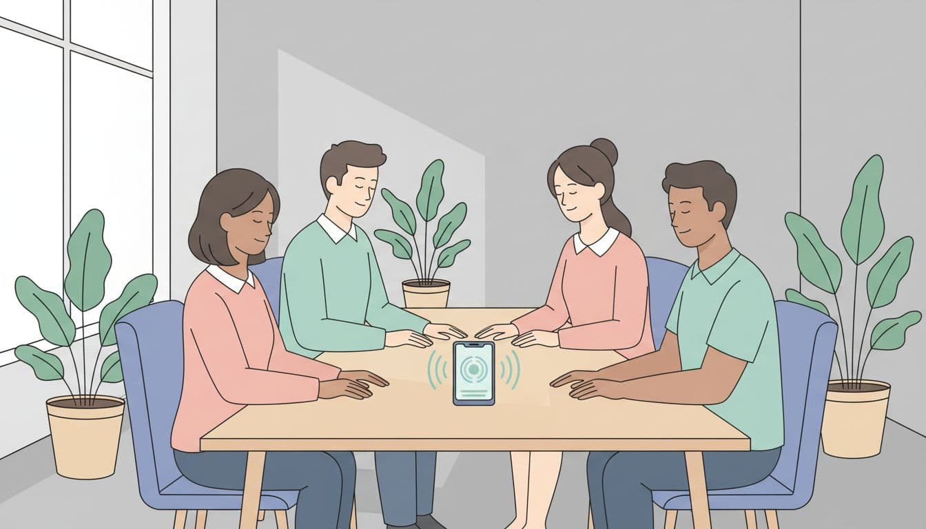 Small group of four colleagues in a relaxed meeting room practicing team breathing guided by a shared phone app, with calm expressions, minimal corporate decor with plants, modern pastel illustration style.