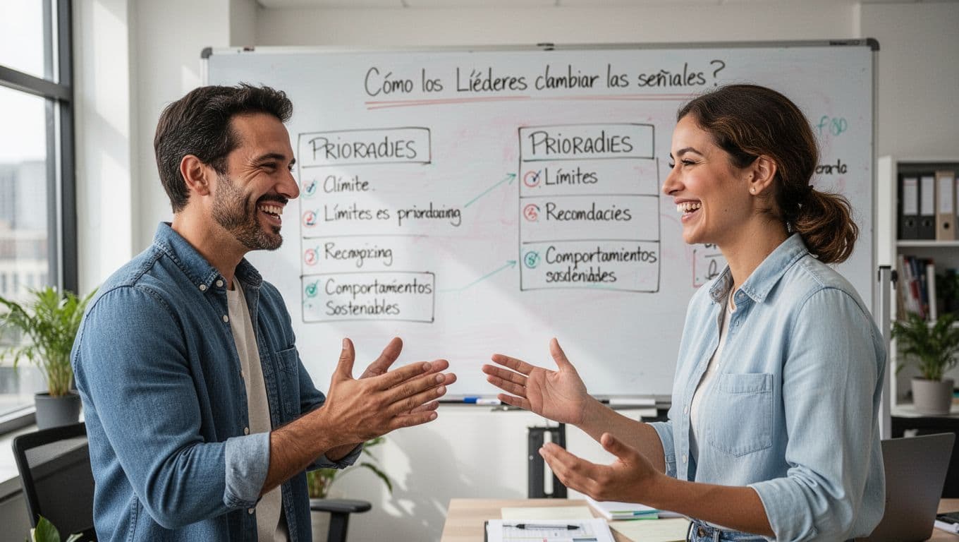 A smiling team leader praises an employee for setting healthy boundaries in a bright office, with a whiteboard displaying clear priorities in the background. The realistic, positive scene captures their natural interaction under natural light, featuring exactly two people.