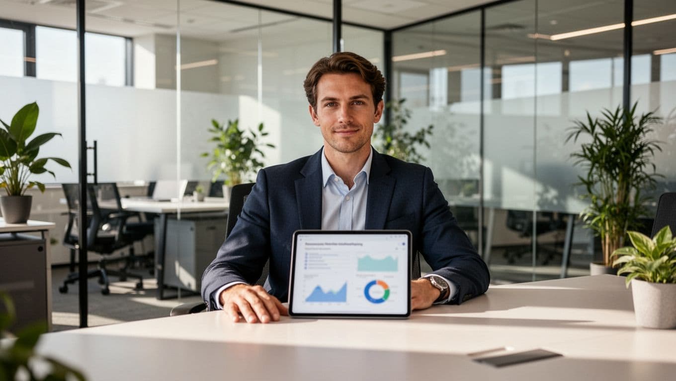 A relaxed team leader in a modern office reviews blurred wellbeing charts on a tablet screen, with natural daylight and professional workspace background.