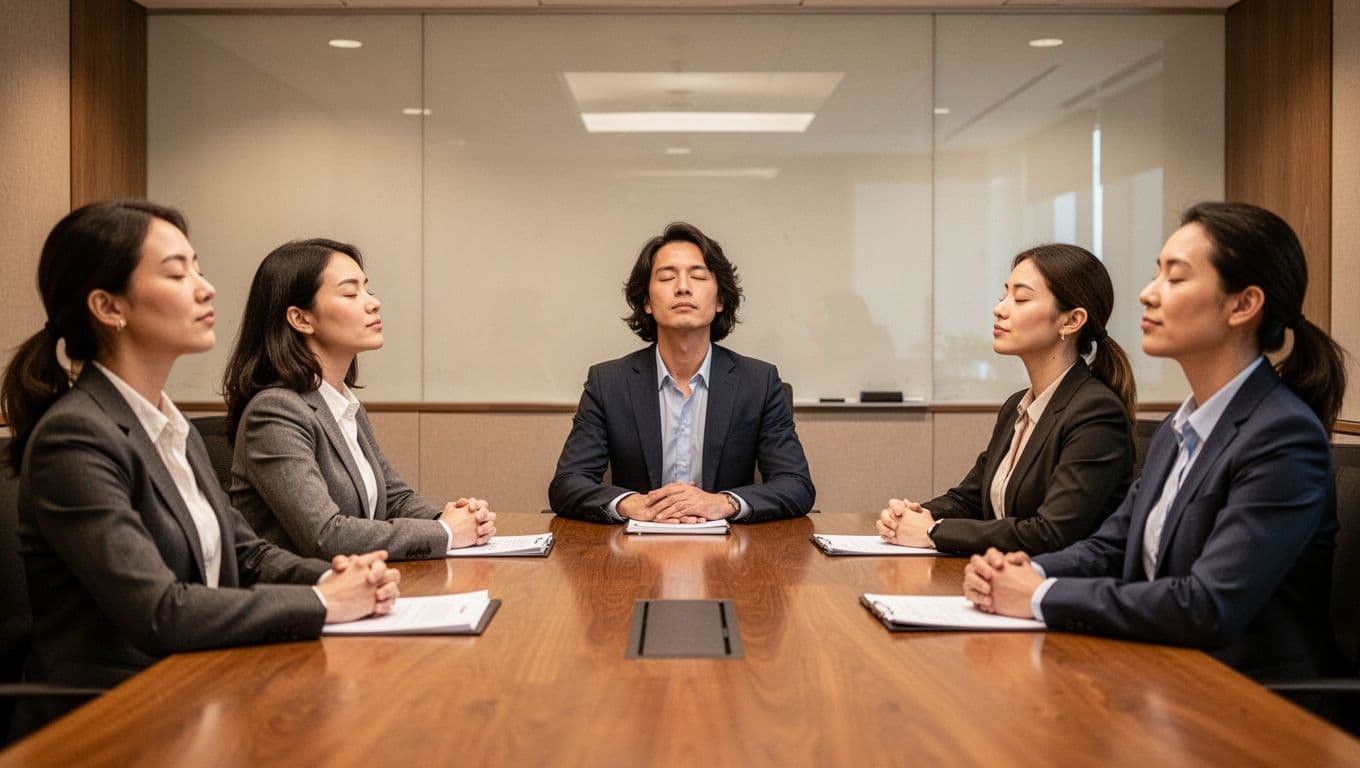 Team leader and four colleagues seated around a conference table in a professional office, eyes closed in calm breathing exercise under warm lighting. Exactly five people with relaxed postures, realistic style, no screens, text, or logos visible.