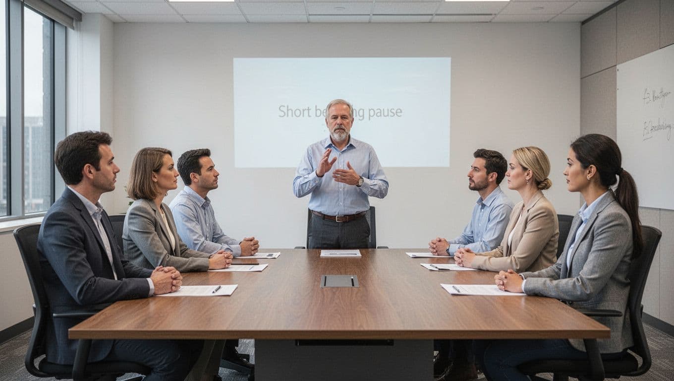 A team of exactly five people seated comfortably in a simple office conference room, with the leader demonstrating a short breathing pause; all have calm, attentive faces in neutral lighting, realistic illustration style.