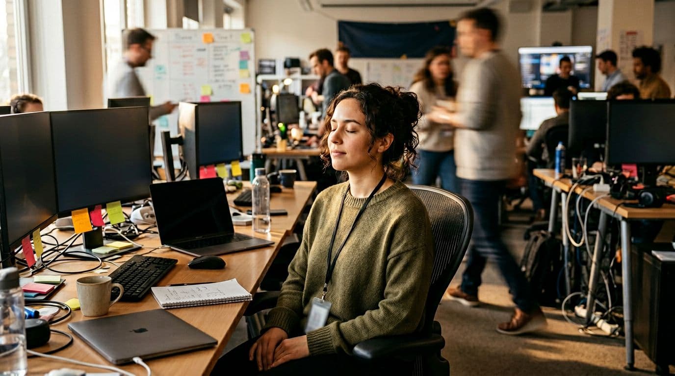 A team member takes a short breathing break at their desk amid the chaos of a product launch day, eyes closed and hands on lap, in a realistic style with warm lighting.