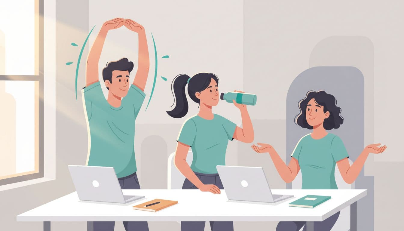 Ilustración moderna de tres personas en oficina luminosa de CDMX después de micro-pausa: uno estirando brazos, otro bebiendo agua, tercera sonriendo relajada, con laptops y ambiente colaborativo positivo.
