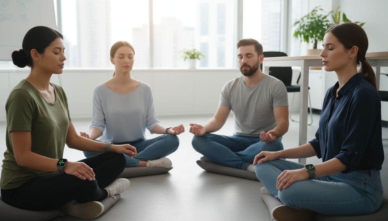 Group of four colleagues using wrist wearables during a mindfulness session in a bright corporate meeting room; one measures pulse on a smartwatch while others sit in a circle breathing calmly, centered on devices and relaxed faces with natural daylight.