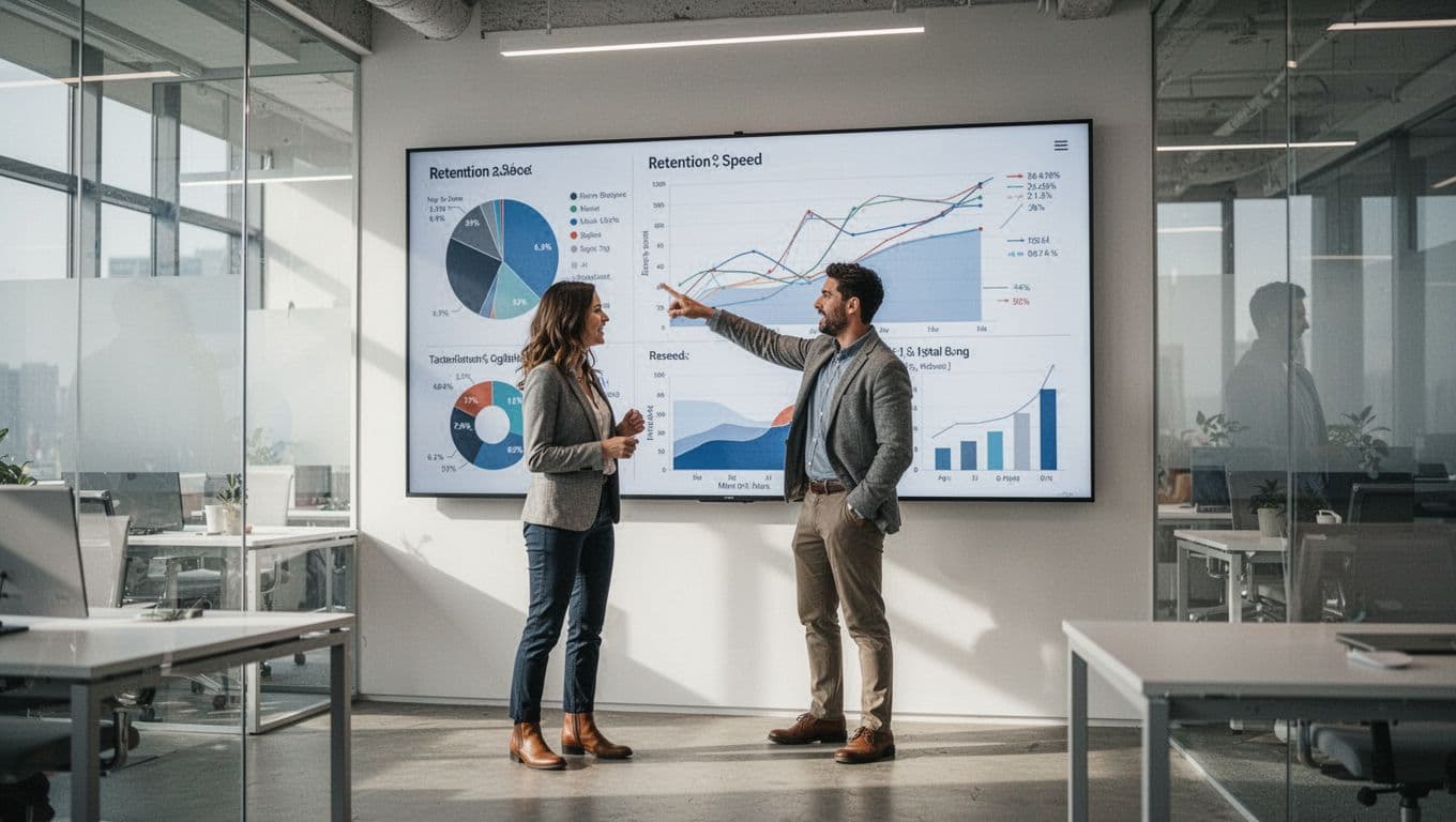 Tres personas en equipo con expresiones motivadas revisan un tablero con métricas positivas, gráficos de retención y velocidad en un entorno de oficina abierta moderna, iluminación realista brillante.