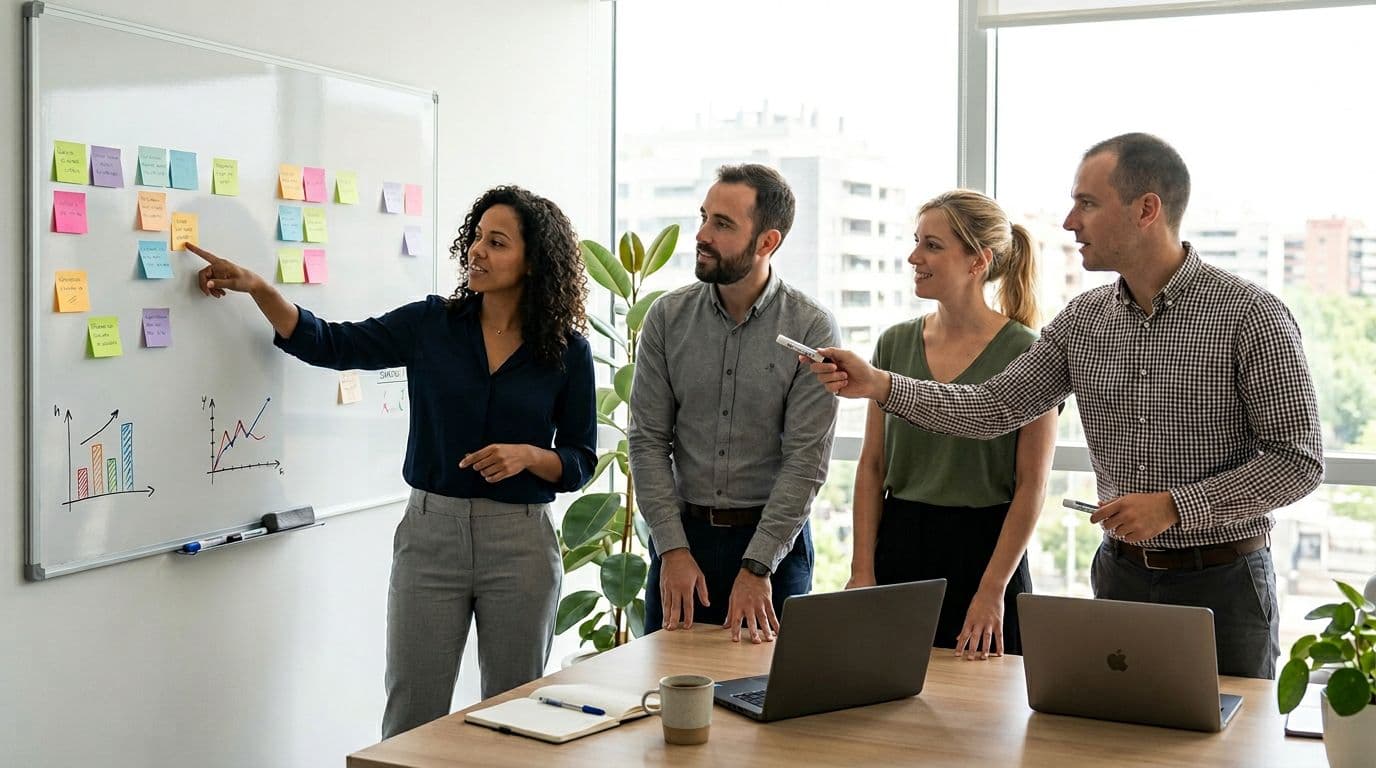 A small group of four colleagues (two men, two women) calmly reviews a weekly workload board in a bright meeting room with simple charts on the whiteboard, two closed laptops, realistic corporate style, and natural lighting.
