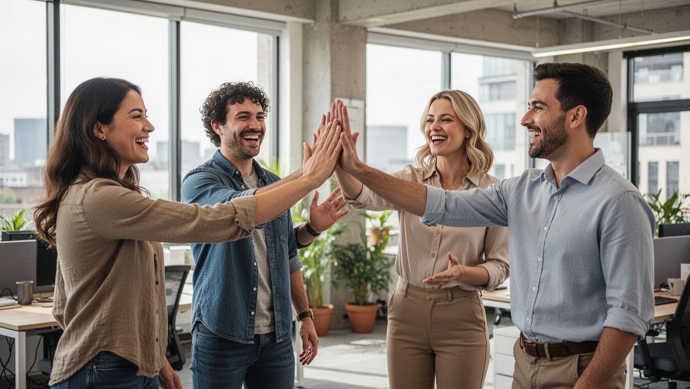Group of four smiling colleagues in an open office space exchanging high-fives and verbal shoutouts, dressed in casual business attire under bright daylight.