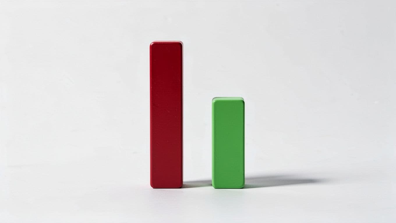 Gráfico de barras simples e minimalista ilustrando a porcentagem de estresse baixo na equipe antes (barra vermelha) e depois (barras verdes) de uma intervenção, fundo branco limpo, labels básicos 'Antes' e 'Depois'.