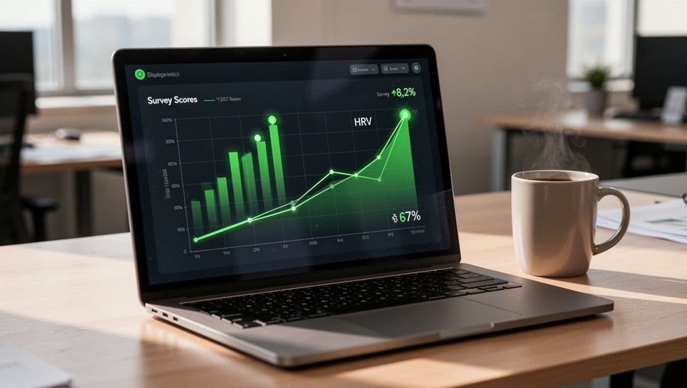 Close-up dashboard on a computer screen showing charts of stress metrics like HRV trends downward, survey scores improving, green indicators, office desk setting with coffee mug nearby.