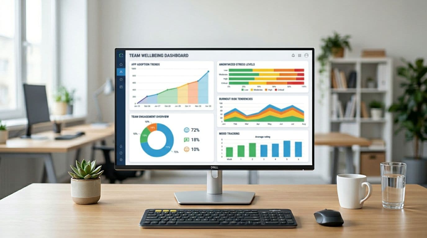 A modern computer screen displaying a simple dashboard with team well-being metrics, including graphs for app adoption, anonymized stress levels, and burnout trends, set against a clean office background in realistic infographic style.