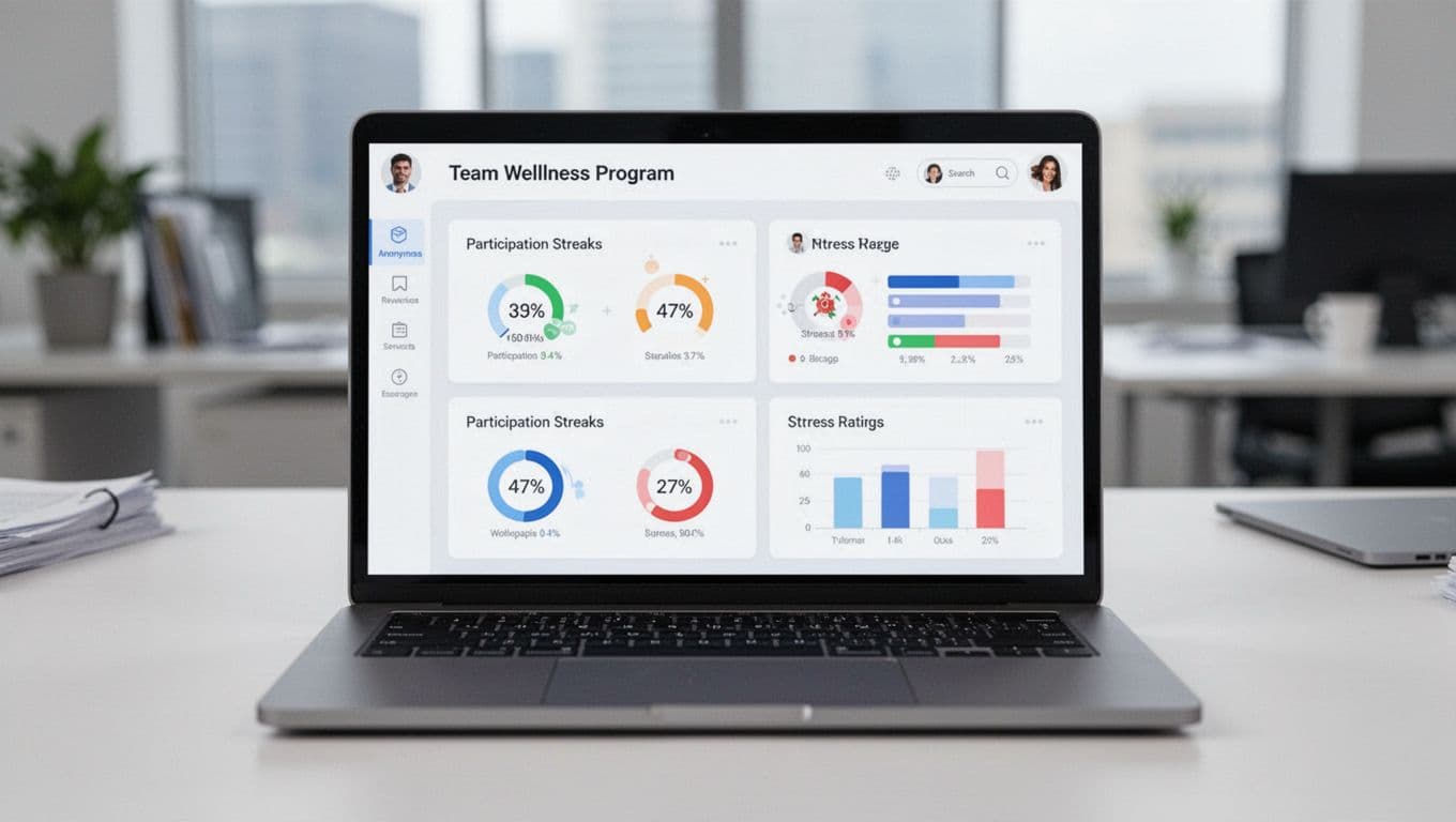 A simple dashboard on a laptop screen displays anonymized metrics like participation streaks and stress ratings for a team wellness program, positioned on an office desk with a blurred background and focus on screen elements.