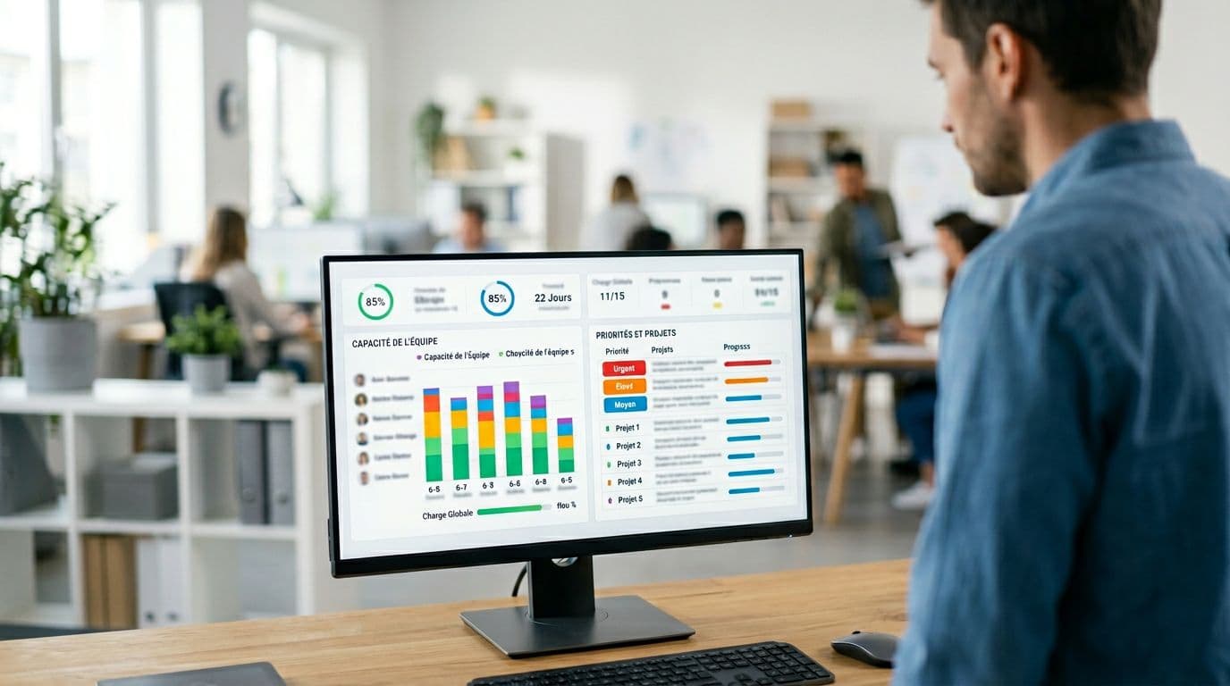 A simple dashboard on a computer screen in a bright office displays team workload with capacity and priorities graphs. A blurred person looks on from the background, with sharp focus on the screen in a modern realistic style, no readable text or logos.