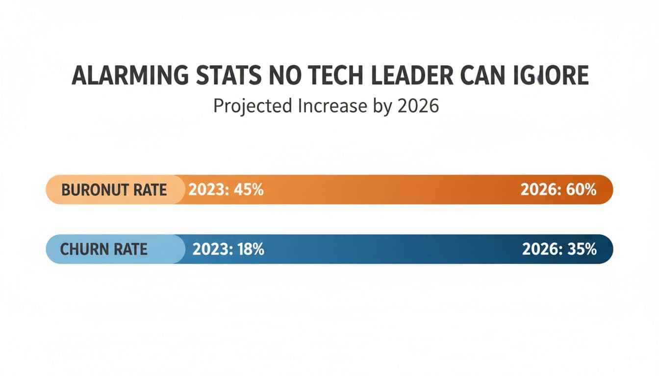 Infographic-style bar chart illustrating rising burnout and churn rates in the tech industry for 2026, with a simple clean design on a white background focused on data visualization.