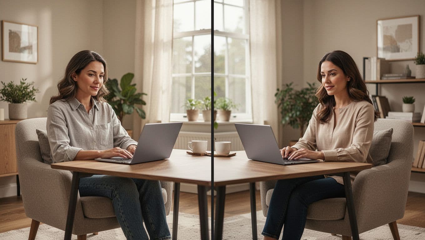 Vista de pantalla dividida de una sesión de telehealth cómoda entre paciente y terapeuta en video llamada desde oficinas en casa, con posturas relajadas, luz natural suave y estilo de ilustración digital realista.