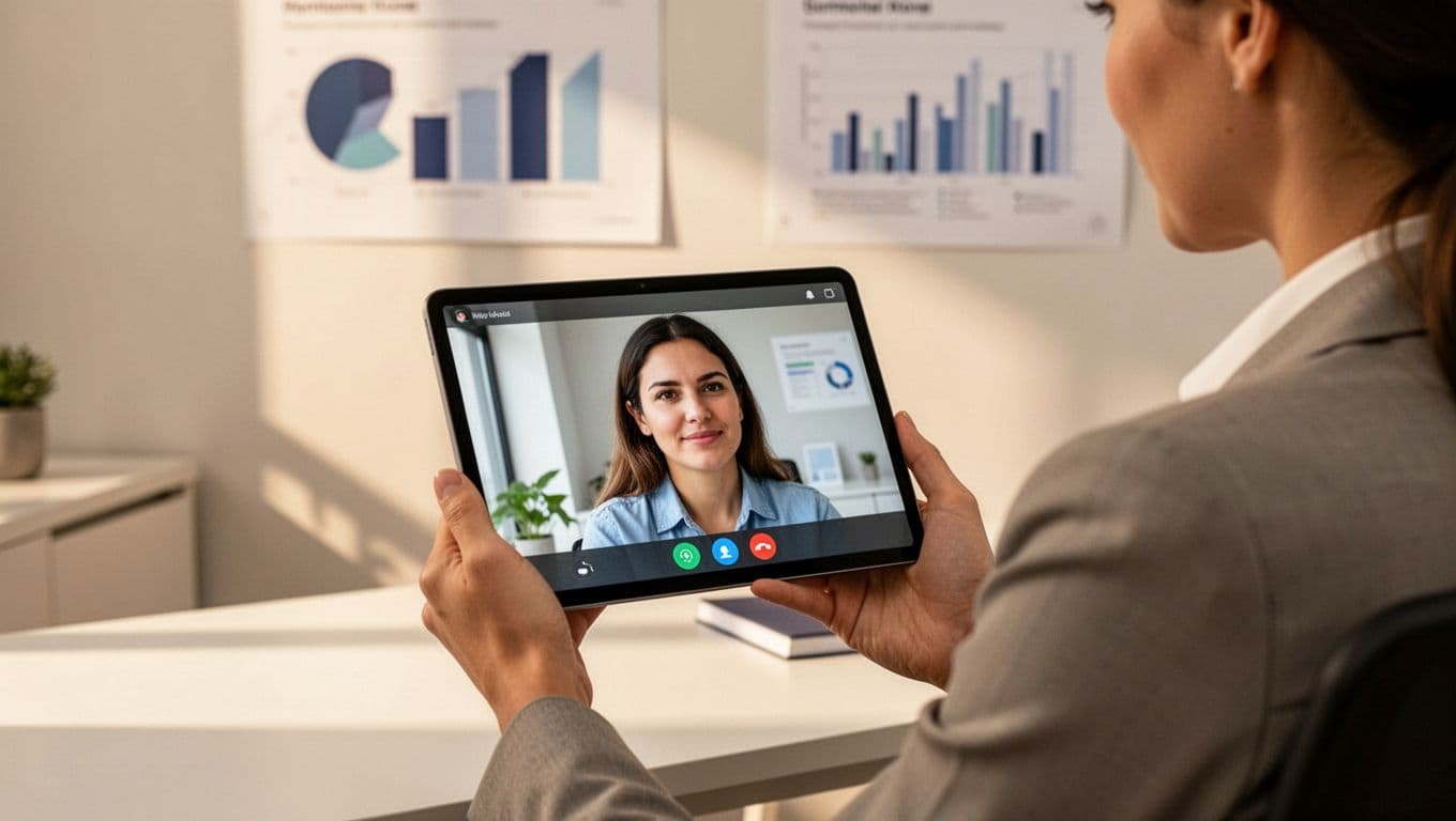 Therapist in a modern clinic reviewing patient outcomes data on a tablet during a telehealth session with patient visible on screen in split view. Professional setting with charts in background, warm lighting, realistic style.