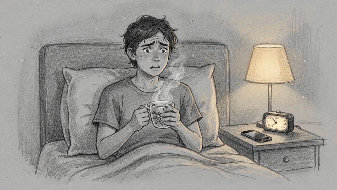 A young adult sits up in bed at around 10 PM with tense shoulders and a subtle worried expression, loosely holding a steaming cup of herbal tea at chest level, smartphone face down on the nightstand nearby, depicted in hand-drawn graphite linework sketch style with light shading on a clean light gray paper background.