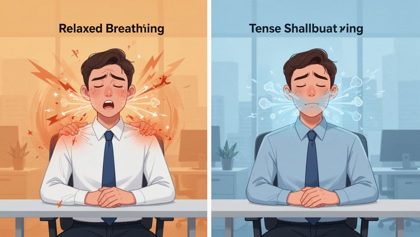 Simple side-by-side illustration of an office worker with tense shallow breathing (shoulders up, fast breath, warm colors) versus relaxed deep breathing (calm posture, cool colors), clean modern shapes, no text.