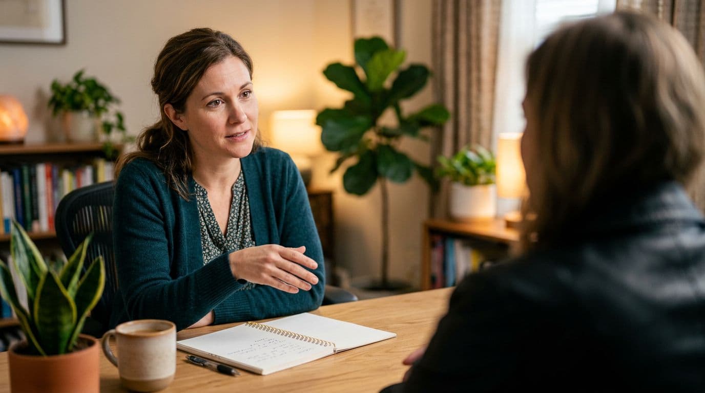 Action shot of a therapist woman consulting with a heavily blurred client across a desk in a cozy office, emphasizing her engaged expression and hand gesture under warm indoor lighting, with details on notebook and plants.