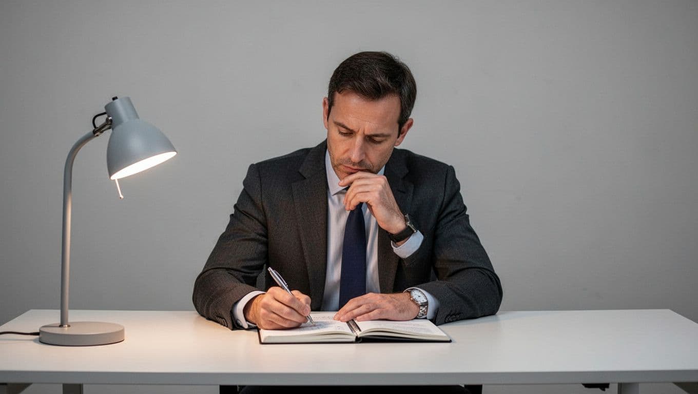 A manager sits alone at a minimal office desk, thoughtfully noting work adjustments in a notebook under soft lamp light, with a focused expression. Professional realistic style, landscape orientation, no extras or visible text.