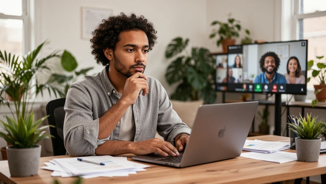 A solo diverse employee sits calmly at a home desk with laptop and notes, gazing pensively at a blurred video call screen featuring a virtual team, in a bright plant-filled room. Realistic everyday style highlighting connection and inclusion in remote work.