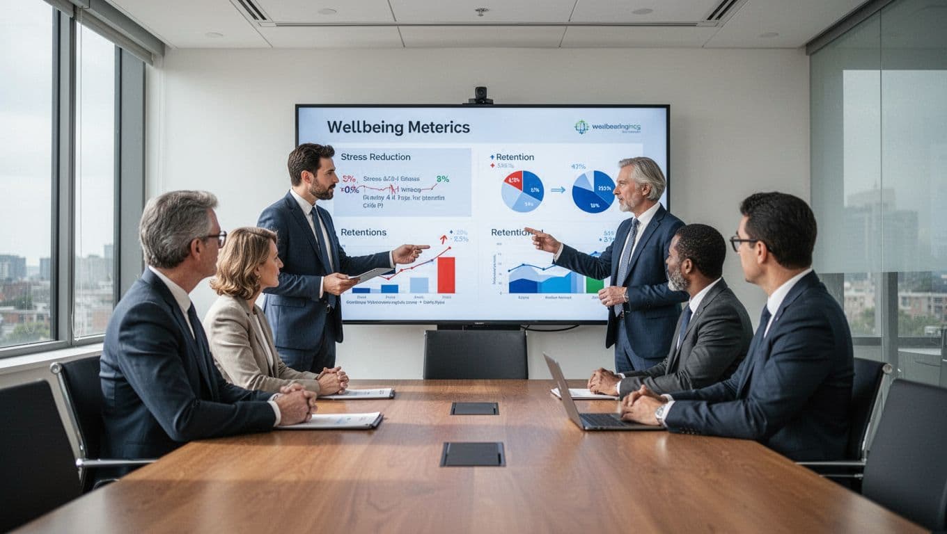Three business leaders in a modern conference room focused on a shared screen displaying charts of stress reduction and employee retention, with natural daylight and one person pointing during discussion.