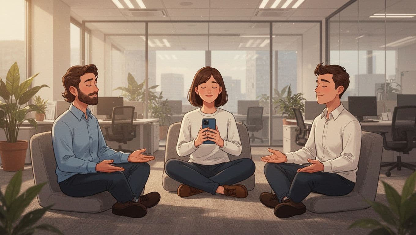 Illustration of exactly three relaxed colleagues in a modern office taking a guided breathing break together, one using a phone app, warm lighting, clean style, no text or logos.