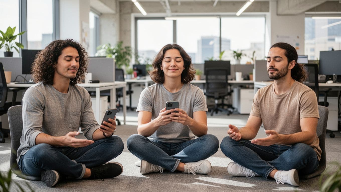 A small group of exactly three relaxed colleagues in an open office participates in an optional group wellness challenge like a breathing pause, with one checking a phone app in a casual positive atmosphere and bright daytime lighting.