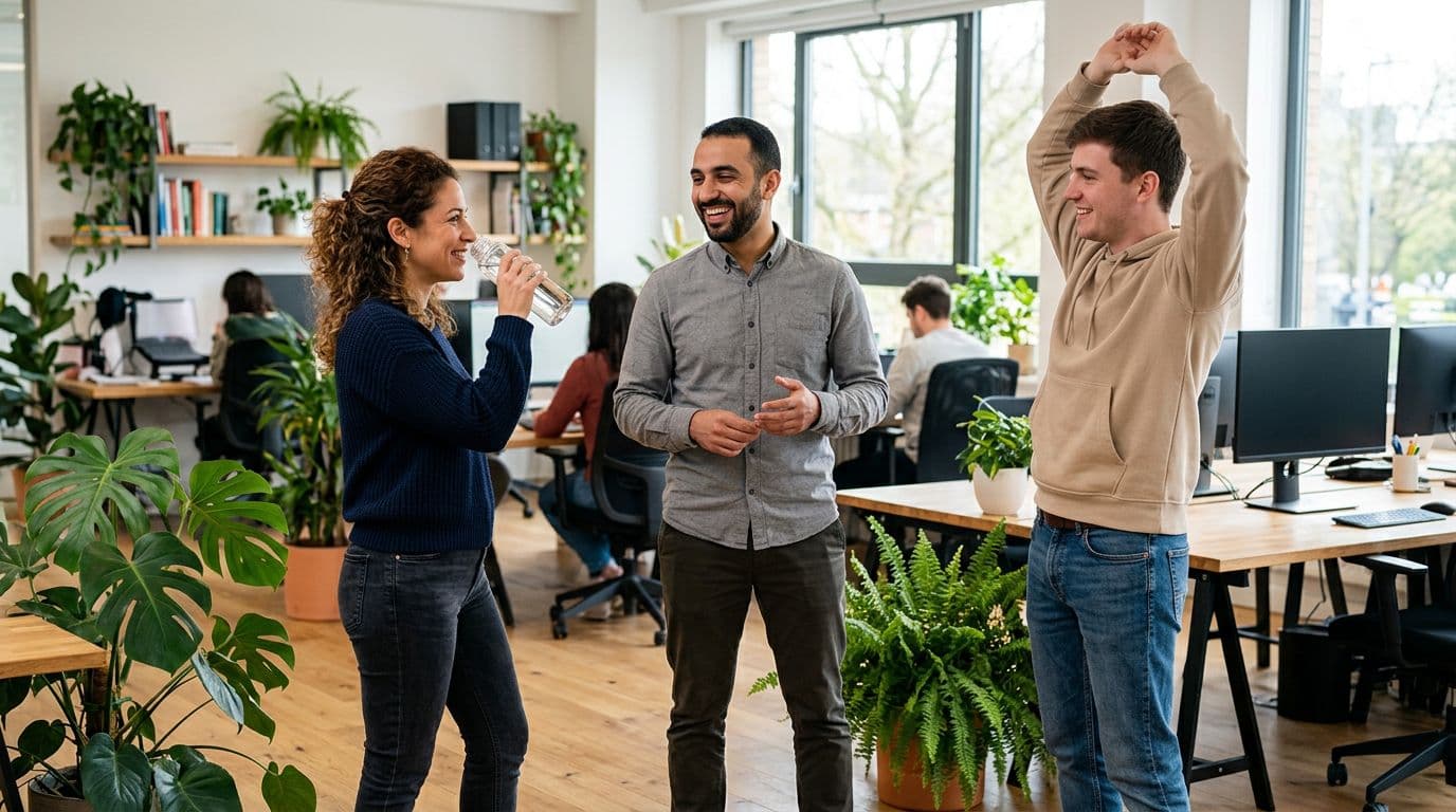 A small group of exactly three colleagues in an open office chat relaxed during a break, one drinking water and another stretching arms, with plants and desks in the background, photorealistic daytime lighting.