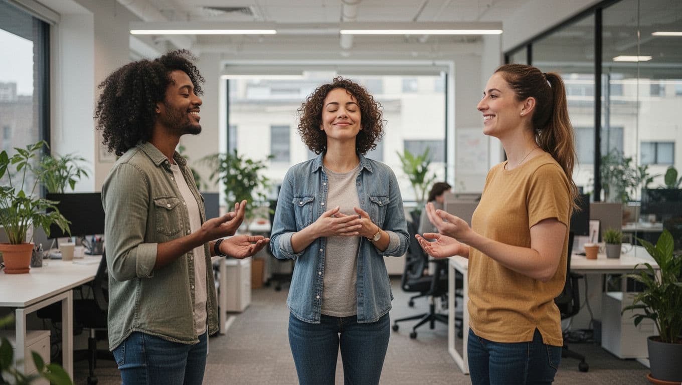 A small team of three diverse colleagues stands in a circle in a casual office space, participating in a light group breathing challenge with relaxed smiles and soft lighting.