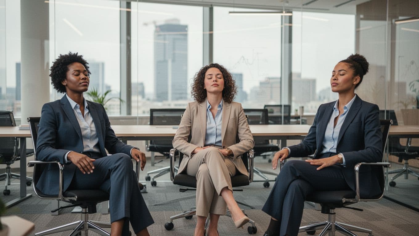 A group of exactly three diverse executives seated comfortably in a modern conference room during a short break, practicing guided breathing with relaxed postures and serene expressions under natural daylight.