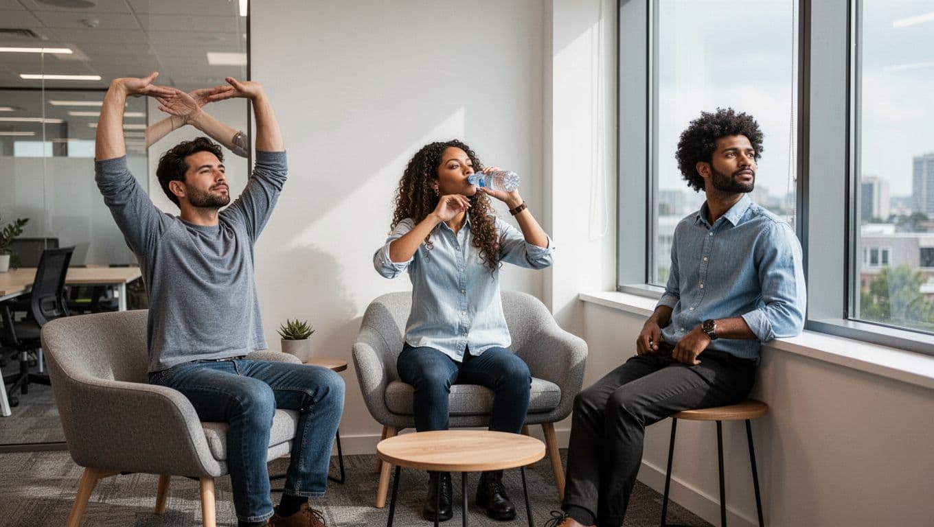 Group of three diverse office workers taking a short break in a quiet modern office lounge, one stretching arms, one drinking water, one looking relaxed out the window, bright daylight, natural lighting, realistic photo.