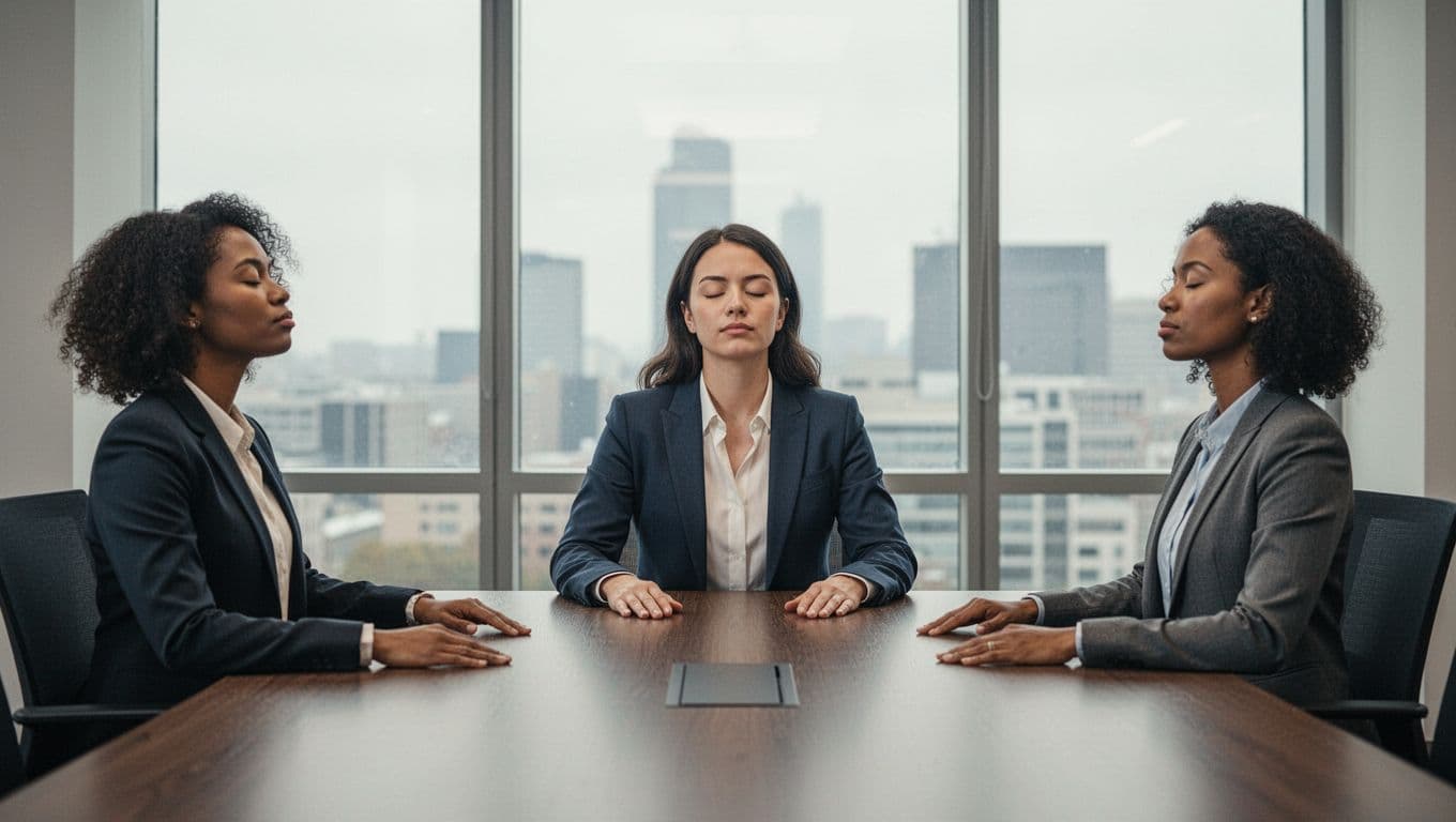 Three diverse business professionals seated around a table in a modern conference room, eyes closed in unison practicing a guided resonant breathing pause with relaxed postures and hands flat on the table. Soft window light illuminates the serene, clutter-free atmosphere in realistic photography style.