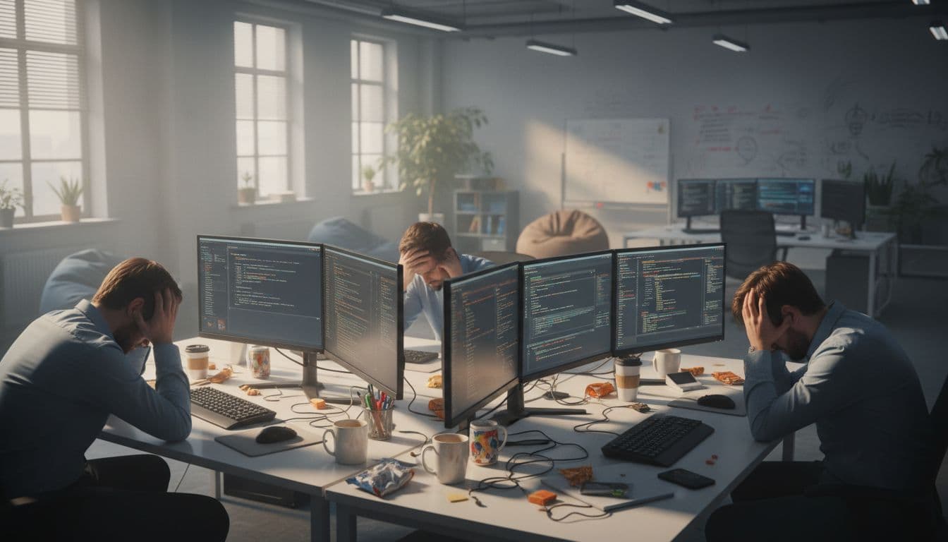 Three exhausted software developers in a brightly lit open-plan tech office, sitting at desks with multiple screens, heads resting on hands, scattered coffee cups, realistic style with natural daylight.
