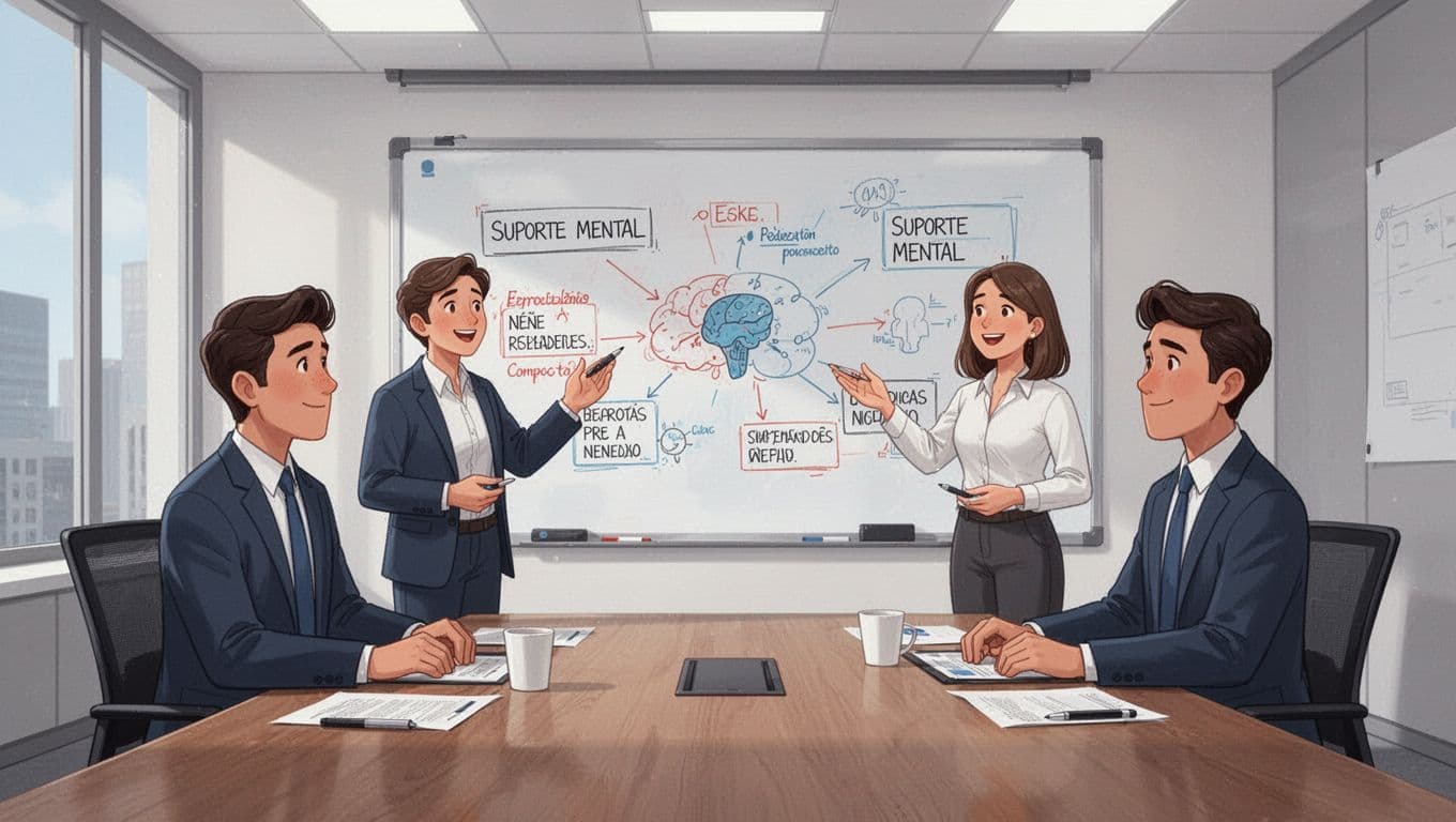 A small group of three managers in a collaborative training meeting, attentively discussing notes on mental support and anxiety on a whiteboard in a modern conference room.