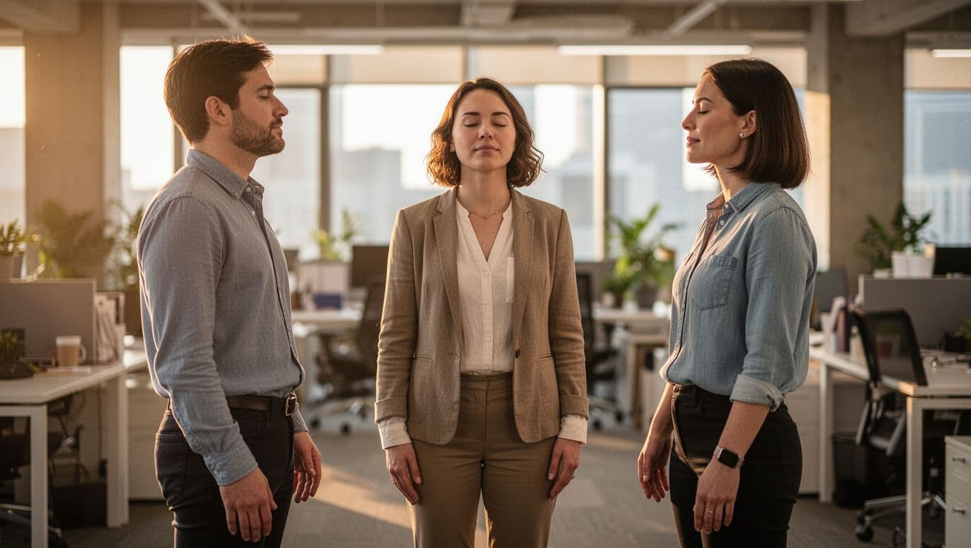 Three office colleagues stand in a circle performing a short team breathing exercise with relaxed expressions and hands at sides, dressed in casual business attire against a blurred open-plan office background with warm afternoon light.