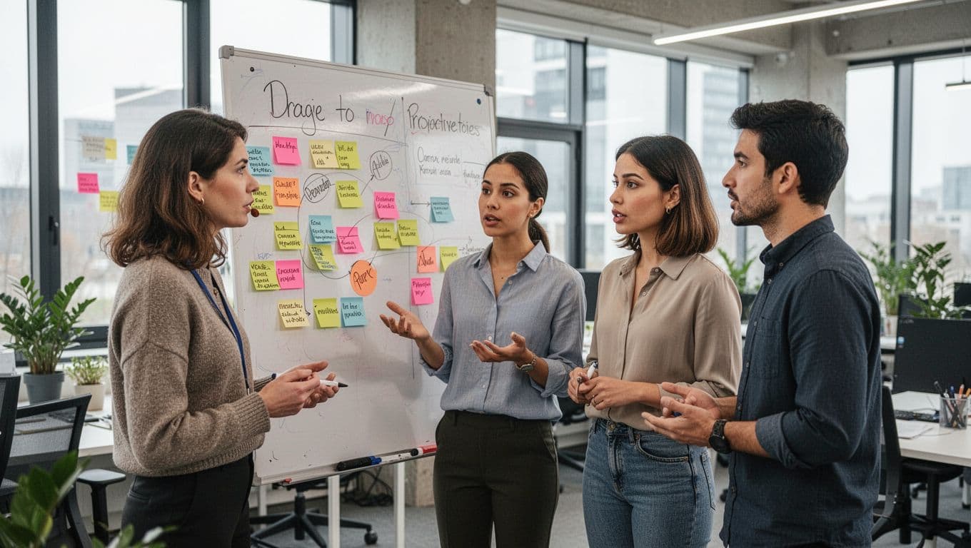 A small team of three professionals in an open office discusses priorities in front of a whiteboard covered with sticky notes, featuring focused and collaborative expressions under natural daylight in a realistic photographic style.